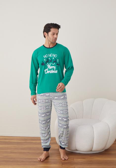 Pijama barbati Craciun "HO HO " maneca lunga ,pantaloni lungi,Culoare Verde, Engros